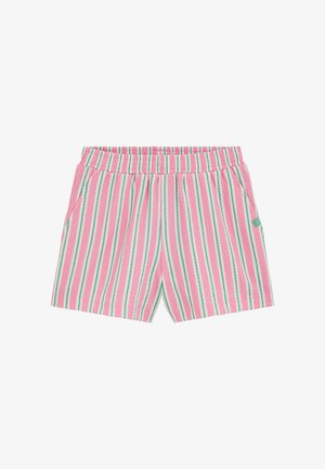 Pantaloncini a righe rosa e bianche con righe verticali verdi, vita elastica e tasche laterali, realizzati in tessuto strutturato.