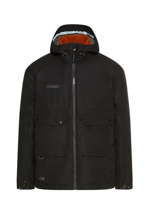Schwarze isolierte Jacke mit Kapuze, Frontreißverschluss, zwei Brusttaschen und elastischen Bündchen. Innen mit orangefarbenem Futter. Robuster Stoff.