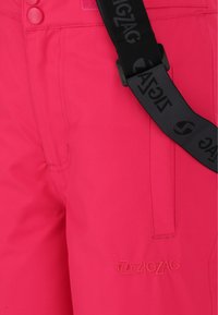 Pantalons de ski roses avec une texture lisse, dotés d'une sangle ajustable noire et d'un logo ZigZag en relief sur la jambe inférieure.