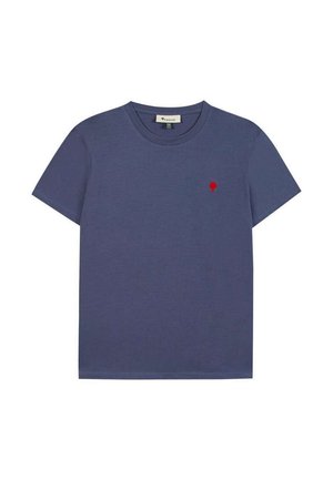 Maglietta in cotone blu navy a maniche corte con scollo rotondo e piccolo logo rosso a forma di albero sul petto a sinistra.
