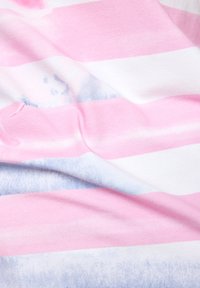 Cotton fabric with horizontal stripes in pink, white, and light blue, featuring a soft texture and gradient effect on the blue section.