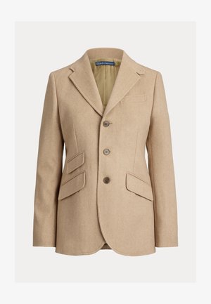 Blazer bege em padrão espinha de peixe, com lapelas recortadas, três botões, dois bolsos frontais e um bolso no peito, forrado em tecido claro contrastante.