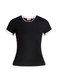 Black cotton t-shirt with white ribbed neckline and sleeve cuffs. Fitted design with smooth texture, minimalistic style. Brand label visible.