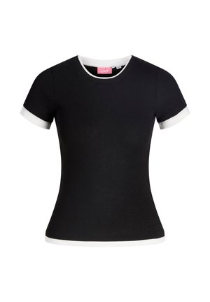 Svart bomull t-skjorte med hvit ribbestrikket hals og ermelomme. Fitted design med glatt tekstur, minimalistisk stil. Merket synlig.