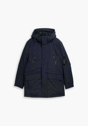 Tumsas zila parka jaka, izgatavota no teksturēta auduma, ar kapuci, ar rāvējslēdzējiem aizdarāmas krūšu kabatas un lielām frontālām kabatām ar kontrastējošiem akcentiem.