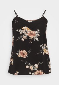 Svart linne med tunna band, prydd med ett blommönster i nyanser av rosa, beige och grön. V-ringad hals, mjukt tyg.