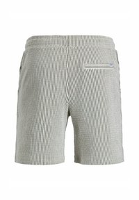 Shorts pour hommes à rayures verticales beige et blanches avec une ceinture élastique et une seule poche arrière avec un détail de rayure horizontale.