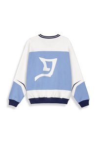 Sudadera azul y blanca con un diseño gráfico audaz, puños y cuello acanalados, y cintura elástica con detalles en azul marino.