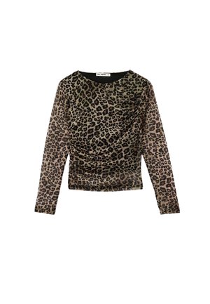 Langärmeliges Oberteil mit Leopardenmuster, transparentem Stoff, gerafften Details vorne, rundem Ausschnitt und figurbetonter Silhouette mit schwarzem Besatz.