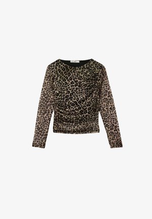 Langärmeliges Oberteil mit Leopardenmuster, transparentem Stoff, gerafften Details vorne, rundem Ausschnitt und figurbetonter Silhouette mit schwarzem Besatz.