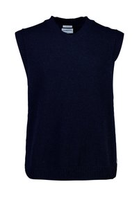 Marineblauer ärmelloser Pullover aus Wolle mit V-Ausschnitt und gerippten Kanten, glatt in der Textur und mit lockerem Schnitt.