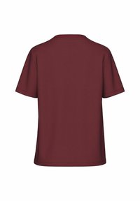 Bordeaux T-skjorte med avslappet passform, korte ermer og rund hals. Stoffet ser glatt ut uten synlige mønstre eller detaljer.