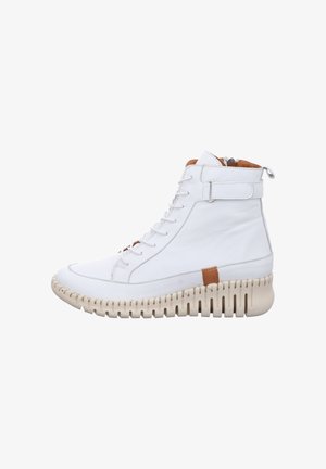 White leather high-top boots with a textured beige sole, featuring a brown accent and a lace-up design with a side zipper for easy wear.