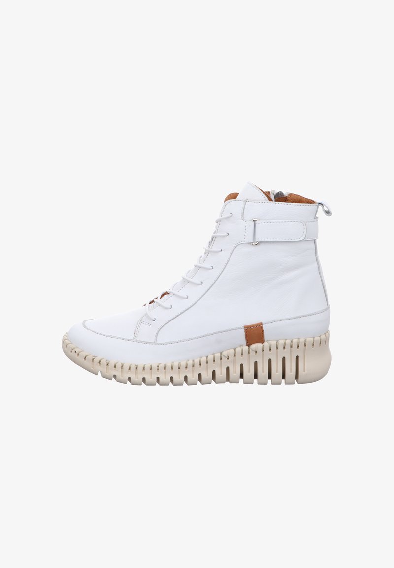 White leather high-top boots with a textured beige sole, featuring a brown accent and a lace-up design with a side zipper for easy wear.