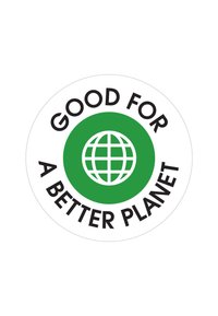 Ronde sticker met een groen wereldbol icoon. De tekst luidt "GOED VOOR EEN BETERE PLANEET" in vetgedrukte zwarte letters op een witte achtergrond.