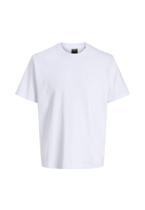 White cotton t-shirt with a crew neck, short sleeves, and a minimalist design; features a small stitched detail on the chest.