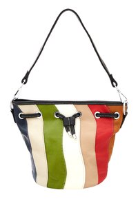 Geantă din piele în formă de găleată, cu un design cu dungi multicolore ce include verde, alb, bej, roșu și maro. Mânere negre și accente din metal argintiu.