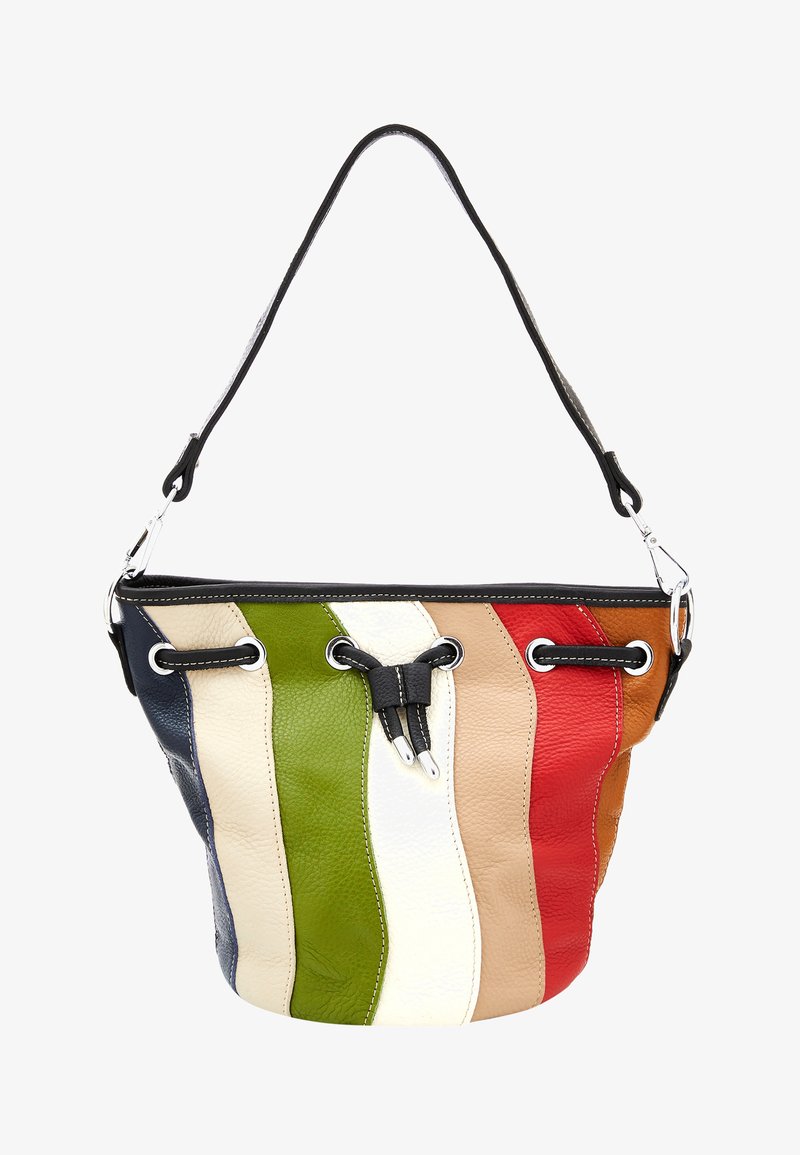 Geantă din piele în formă de găleată, cu un design cu dungi multicolore ce include verde, alb, bej, roșu și maro. Mânere negre și accente din metal argintiu.
