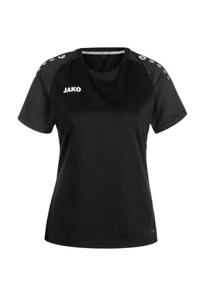 Schwarzes Sport-T-Shirt mit kurzen Ärmeln und Rundhalsausschnitt, ausgestattet mit strukturierten Schultern und einem weißen "JAKO"-Logo auf der Vorderseite.