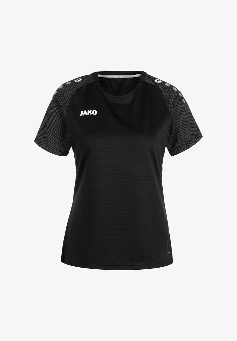 T-shirt sportivo nero a maniche corte con colletto rotondo, caratterizzato da spalle testurizzate e un logo bianco "JAKO" sulla parte frontale.