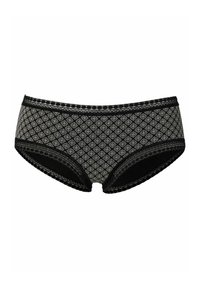 Culotte femme à motifs noirs et gris, dotée d'un design en diamant, d'une dentelle au niveau de la taille et d'accents noirs unis le long des bords.