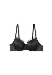 Reggiseno nero con coppe imbottite, caratterizzato da piccoli pois oro, bordo in pizzo ondulato, spalline regolabili e una finitura in satin liscia.