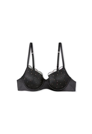 Reggiseno nero con coppe imbottite, caratterizzato da piccoli pois oro, bordo in pizzo ondulato, spalline regolabili e una finitura in satin liscia.