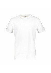 Weißes Baumwoll-T-Shirt mit Rundhalsausschnitt und kurzen Ärmeln. Glatte Textur, keine Muster oder Grafiken, einfaches Design.