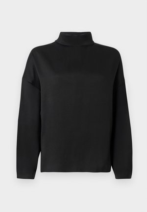 Maglione nero a maniche lunghe dalla vestibilità morbida con collo alto a dolcevita, realizzato in tessuto liscio, esposto su uno sfondo chiaro e semplice.