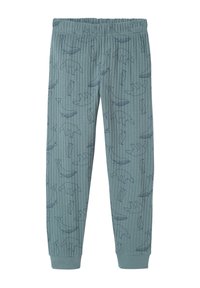 Blue ribbed children's pants with elastic waist, featuring outlined prints of polar bears, whales, and penguins.