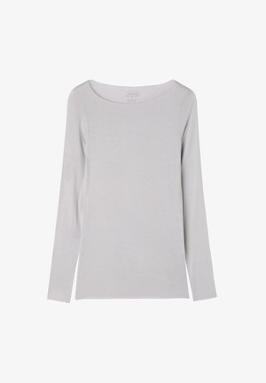 Long-sleeve light gray top made of soft, smooth fabric with a round neckline and relaxed fit. No visible patterns or accents.