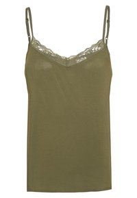 Olive green camisole with adjustable spaghetti straps, featuring a lace trim along the neckline. Smooth texture and fitted design.
