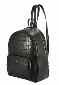 Czarny plecak z faux skóry o teksturowanym wzorze krokodyla, z dodatkami w kolorze złotym i dwoma zamykanymi na zamek przegrodami.