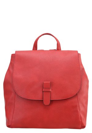 Red leather backpack with a flap closure and single top handle, featuring a textured surface and minimalist design.