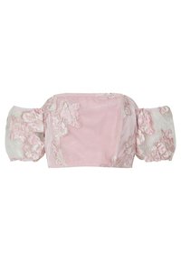Crop top à épaules dénudées en rose pâle avec des manches transparentes et des broderies florales. Dispose de manches bouffantes froncées et d'un corps ajusté.