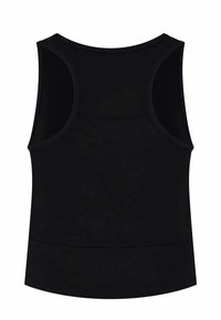 Zwarte tanktop met een ronde halslijn en brede armsgaten. Strakke, gladde textuur en een aansluitend ontwerp met een zoom op taillehoogte.