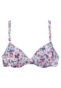 Bloemige gepolsterde beha met verstelbare bandjes, met een mix van roze, paarse en blauwe bloemen op een lichte achtergrond. Gladde, zachte stof.