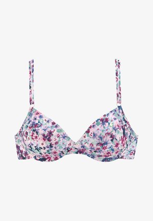 Blumiger gepolsterter Bh mit verstellbaren Trägern, der eine Mischung aus rosa, lila und blauen Blumen auf einem hellen Hintergrund zeigt. Glattes, weiches Material.