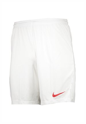 White athletic shorts with an elastic waistband, smooth texture, and a red Nike logo on the left leg.