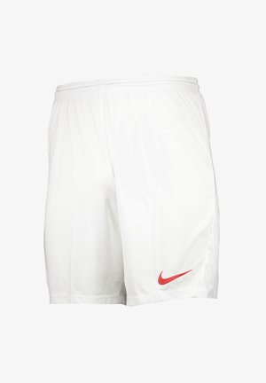 Pantaloni sportivi bianchi con vita elastica, texture liscia e logo rosso della Nike sulla gamba sinistra.