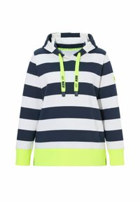 Sudadera con capucha con rayas horizontales en azul marino y blanco, con cordones neon verdes y un dobladillo neon verde. Hecha de un tejido suave.