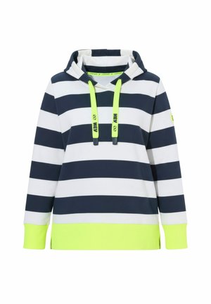Felpa con cappuccio a righe orizzontali blu navy e bianche, con coulisse e bordo in verde neon. Realizzata in tessuto morbido.