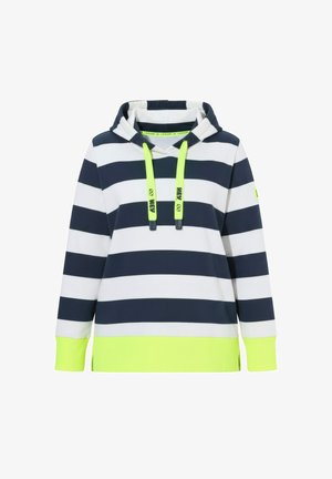 Kapuzensweatshirt mit navyblauen und weißen horizontalen Streifen, versehen mit neongrünen Kordeln und einem neongrünen Saum. Hergestellt aus einem weichen Stoff.