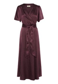 Burgundy wrap dress with short puff sleeves, belted waist, and flowing A-line skirt; made from a smooth, soft fabric with subtle sheen.