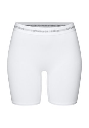Shorts de cyclisme blancs en tissu lisse, avec une ceinture élastique grise portant le logo "Copenhagen Studios". Sans motifs ni accents.