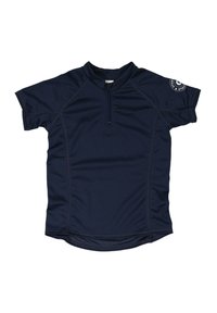 Mörkblå kortärmad skjorta i fukttransporterande tyg, med en halv dragkedja och kontrasterande sömdetaljer.