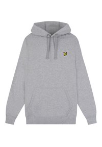 Grå huvtröja i mjuk bomull med en framficka för händerna och en liten gul fjärilslogotyp på vänster bröst.