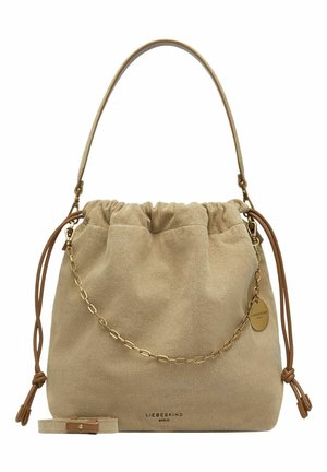 Beige weiche Stoff-Bucket-Bag mit Kordelverschluss, goldenem Kettendetail, Ledergriffen und "Liebeskind Berlin" Logo unten mittig.