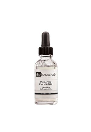 Clear glass bottle with a black dropper top, labeled "Palmarosa Essential Oil" with white and black text, medium-size with a smooth texture.
