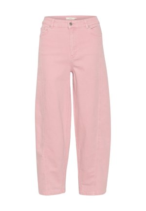 Light pink denim wide-leg jeans with a high waist, front button closure, and two side pockets. Features stitched detailing along the seams.